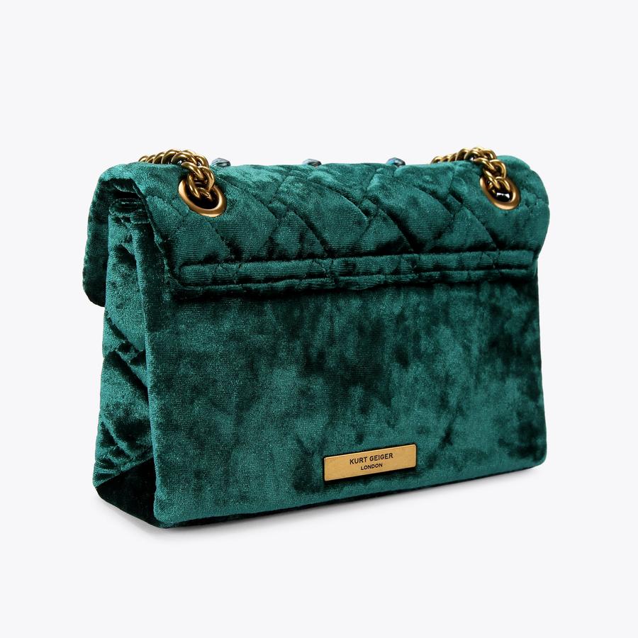 MINI KENSINGTON CRYSTALS Dark Green Velvet Cross Body Bag by KURT GEIGER LONDON