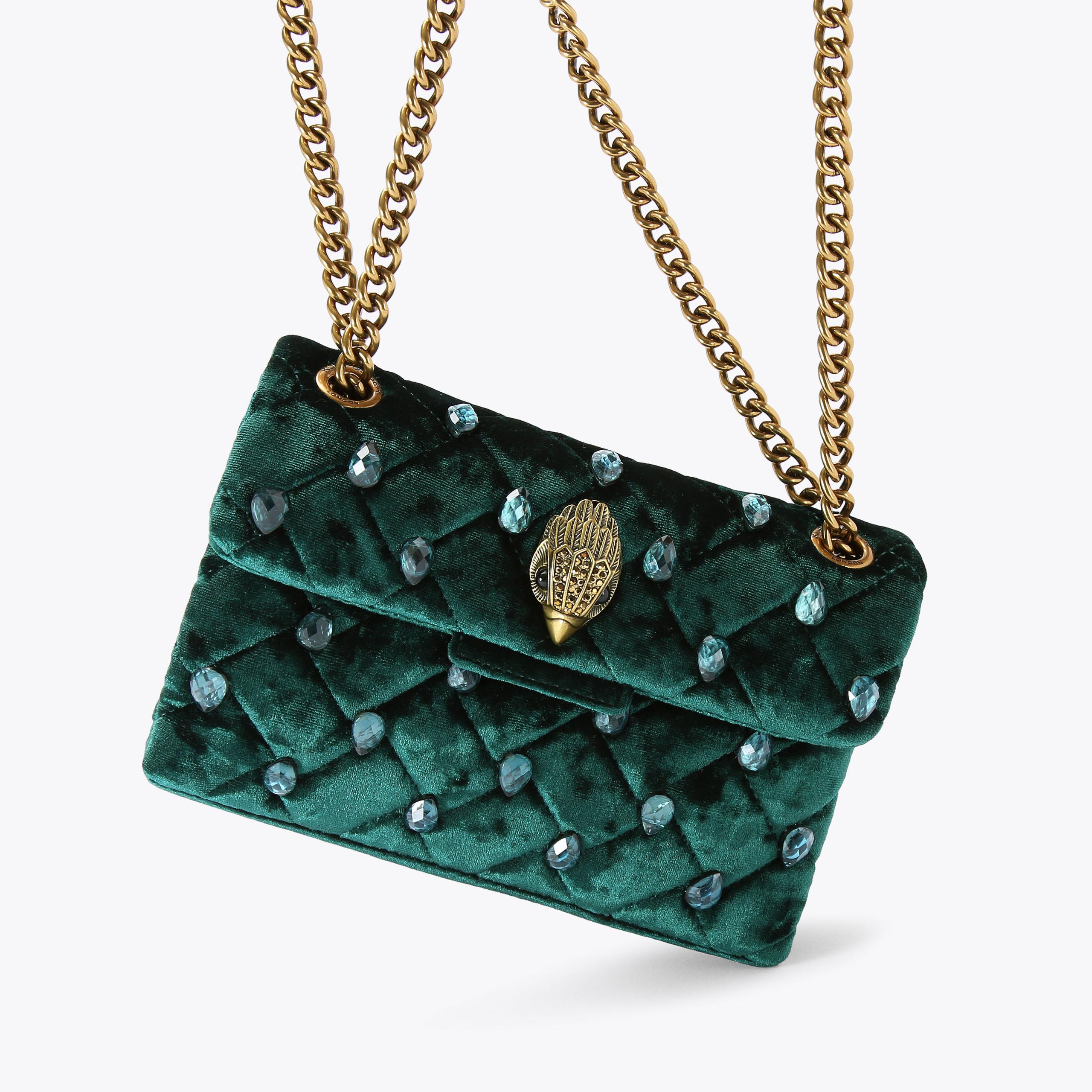 MINI KENSINGTON CRYSTALS Dark Green Velvet Cross Body Bag by KURT ...