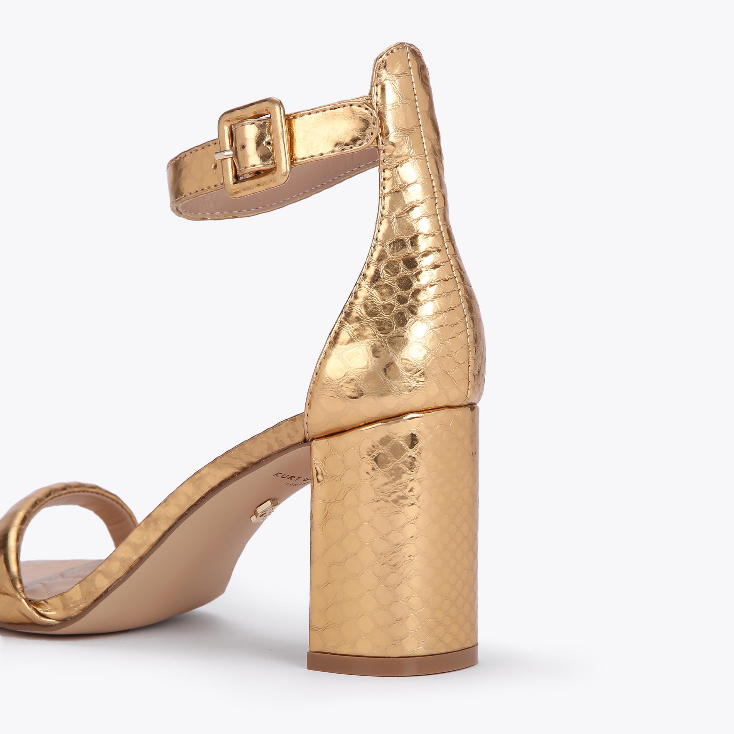 LANGLEY Gold Leather Snake Print Heel Sandals by KURT GEIGER LONDON
