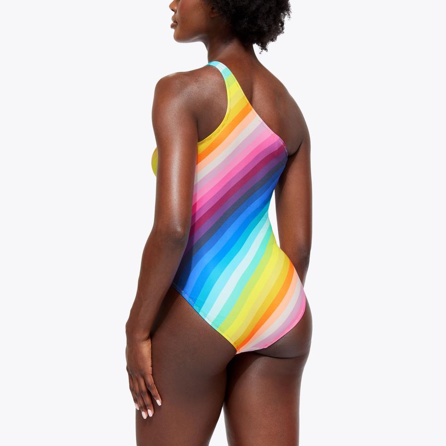 KENSINGTON 2 SWIMSUIT Striped Rainbow One Strap Swimsuit by