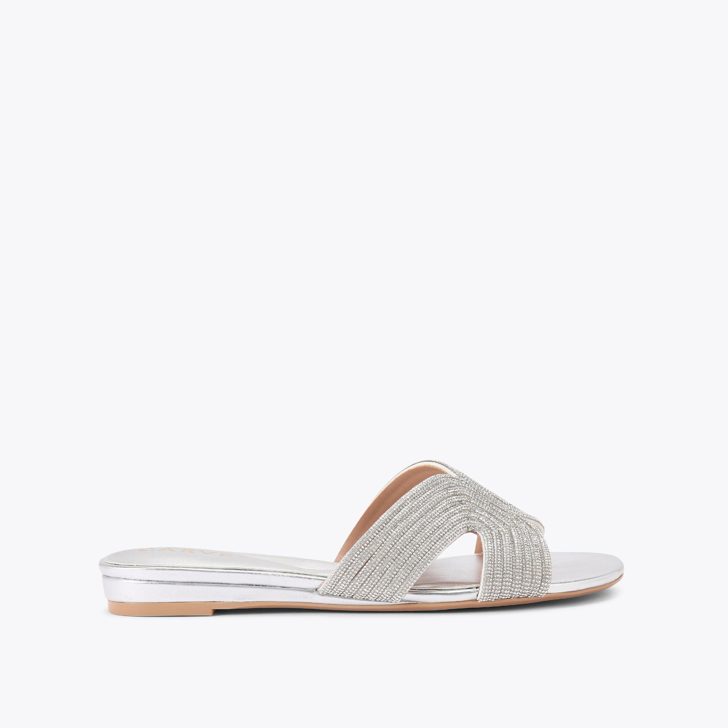 GALA MULE JEWEL Silver Crystal Slip On Sandals by CARVELA