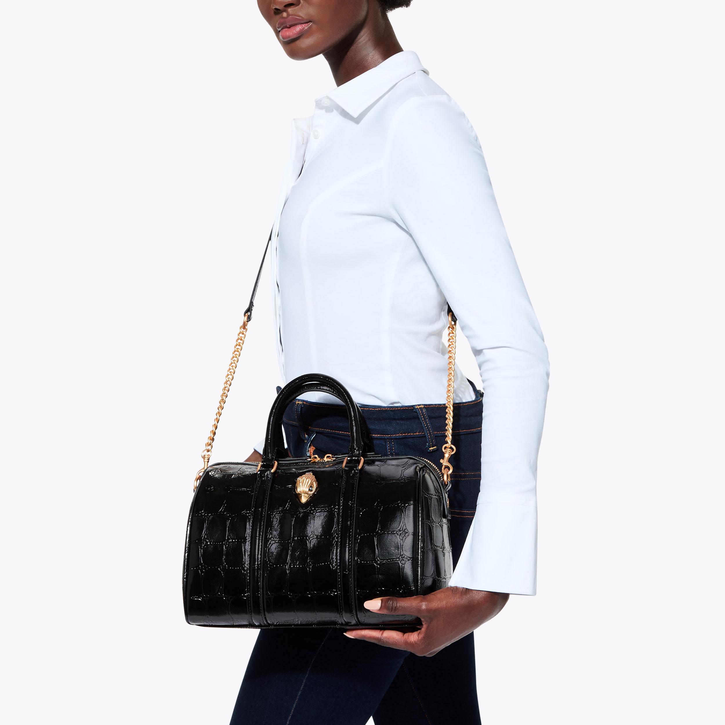 KENSINGTON BOSTON Black Leather Croc Print Bag by KURT GEIGER LONDON