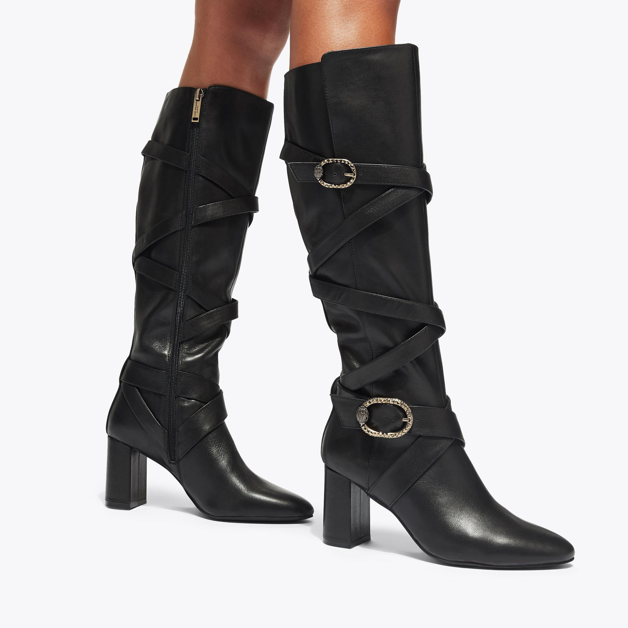 Black leather high knee boots hotsell