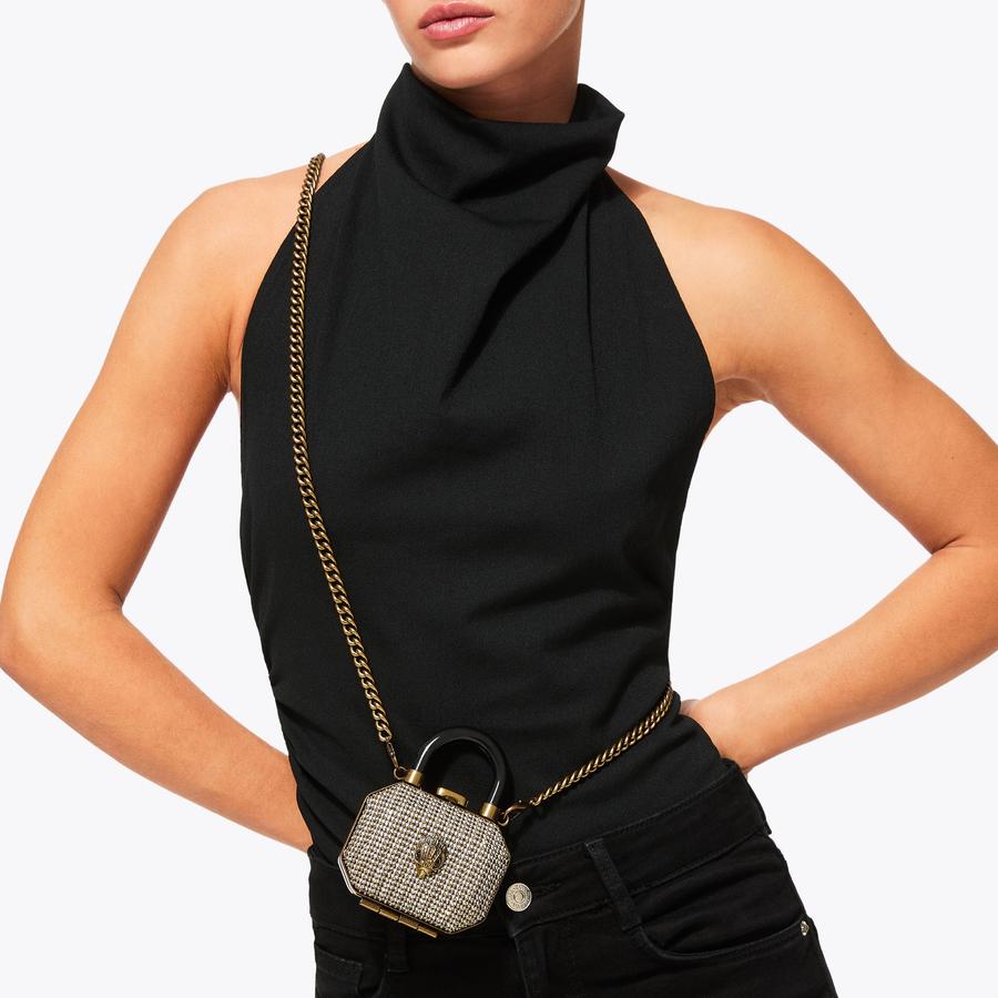 MICRO TOP HANDLE CLUTCH Beige Houndstooth Top Handle Micro Bag by KURT GEIGER LONDON