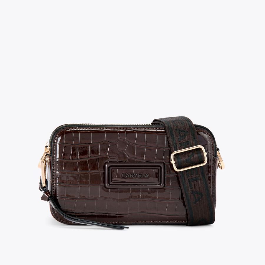 ROMA RECTANGLE CAMERA Brown Croc Print Cross Body Bag by CARVELA