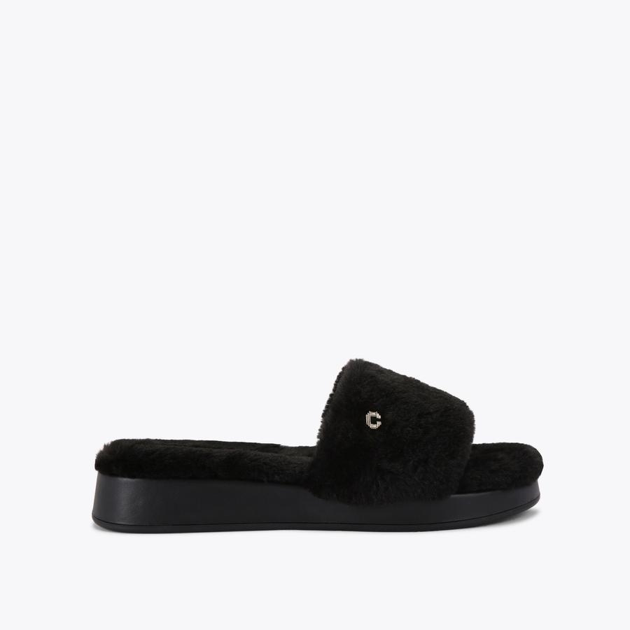 CLOUD COSY Black Faux Fur Slippers by CARVELA