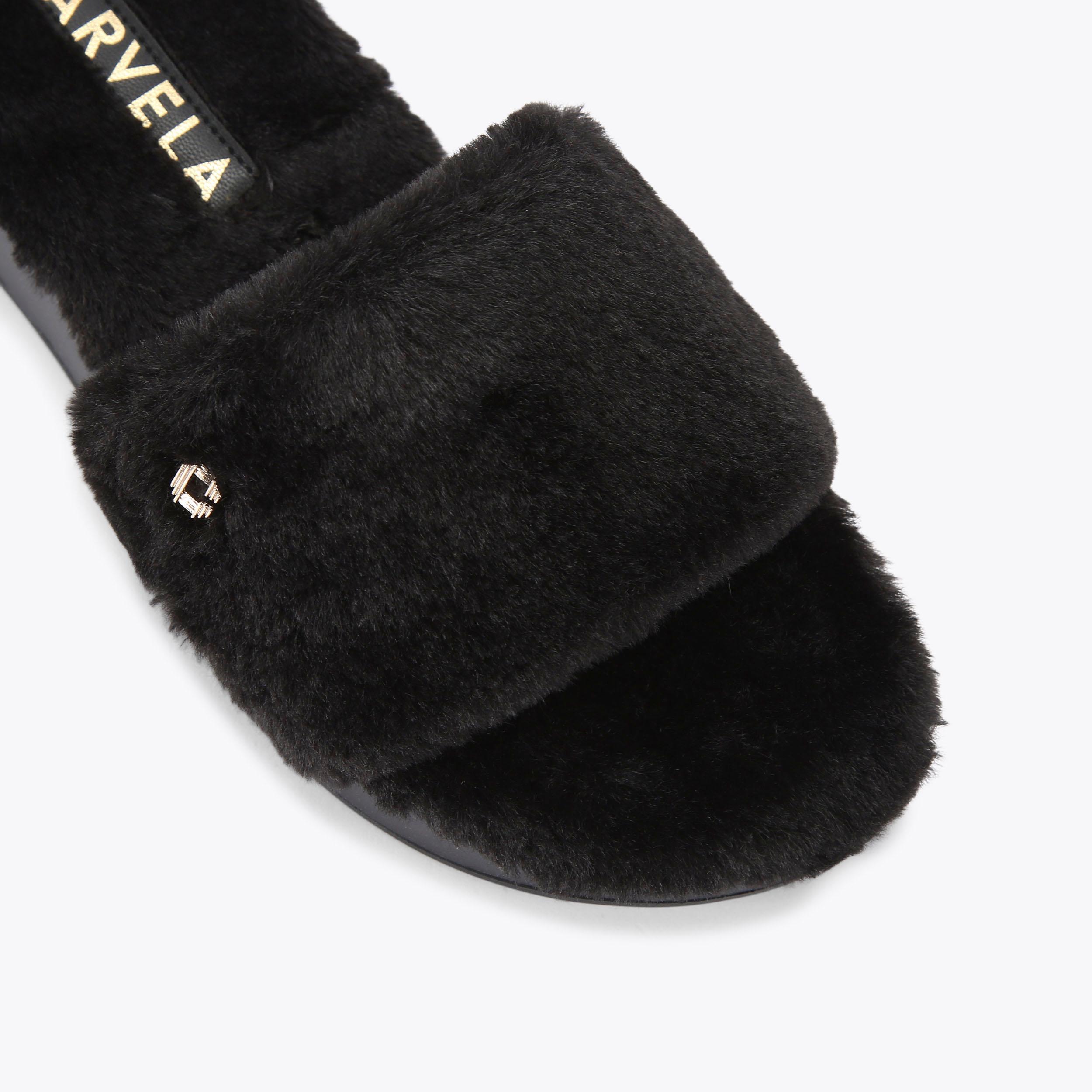CLOUD COSY Black Faux Fur Slippers by CARVELA