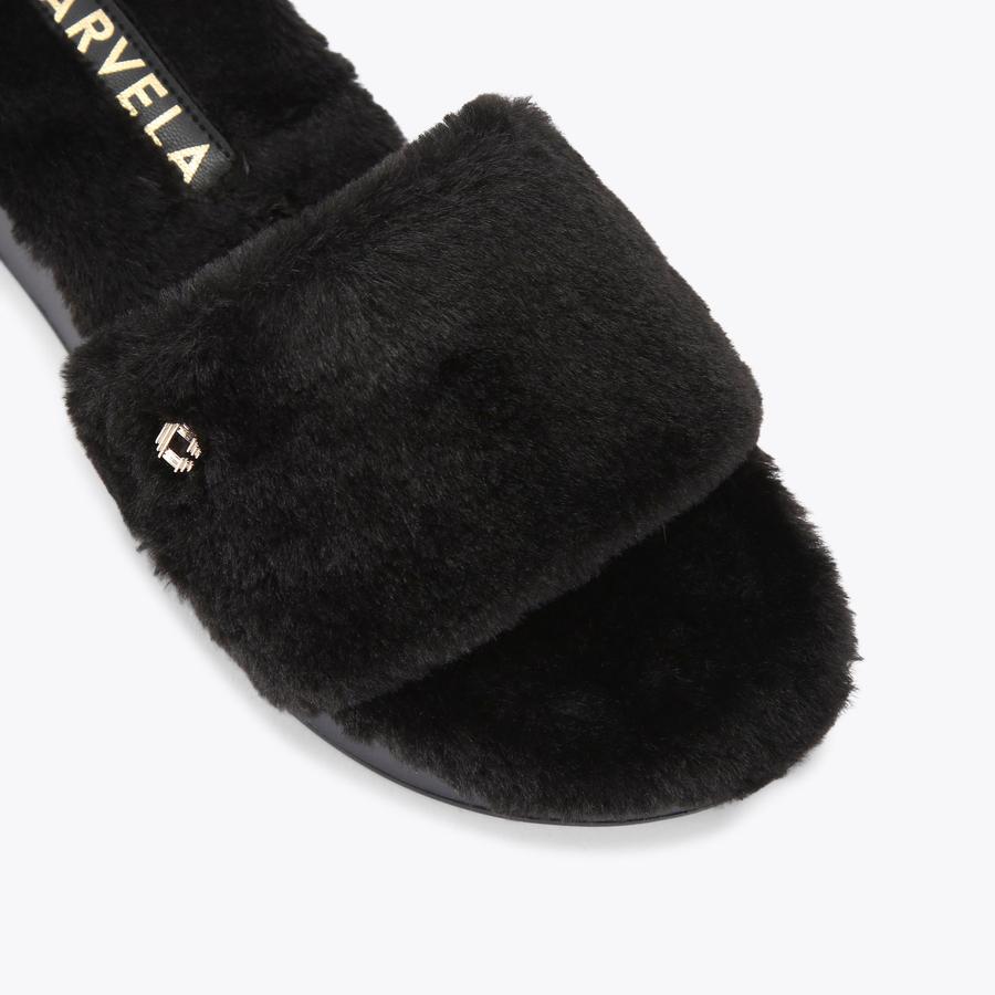 CLOUD COSY Black Faux Fur Slippers by CARVELA