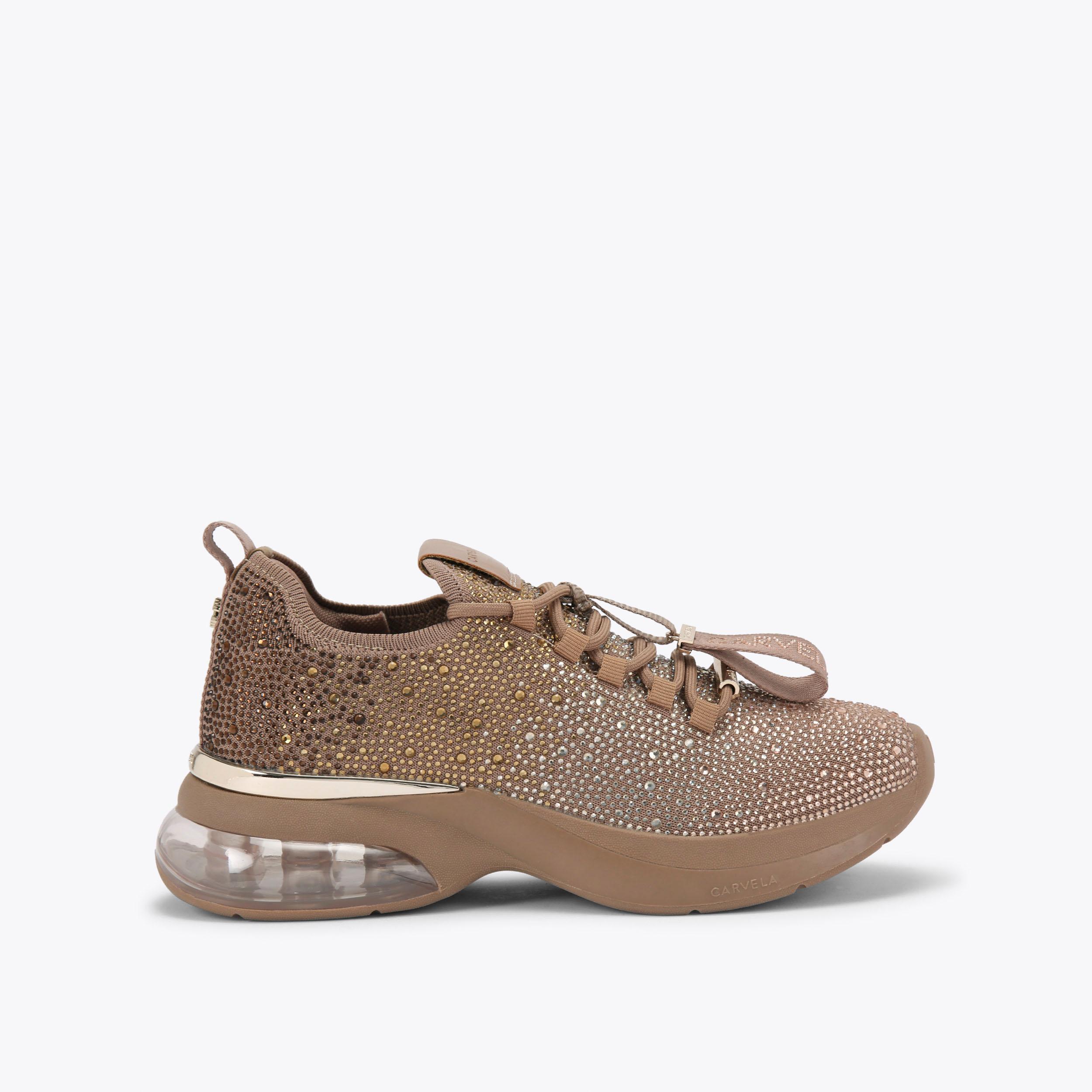 COSMIC BUBBLE JEWEL Taupe Fabric Crystal Trainers by CARVELA