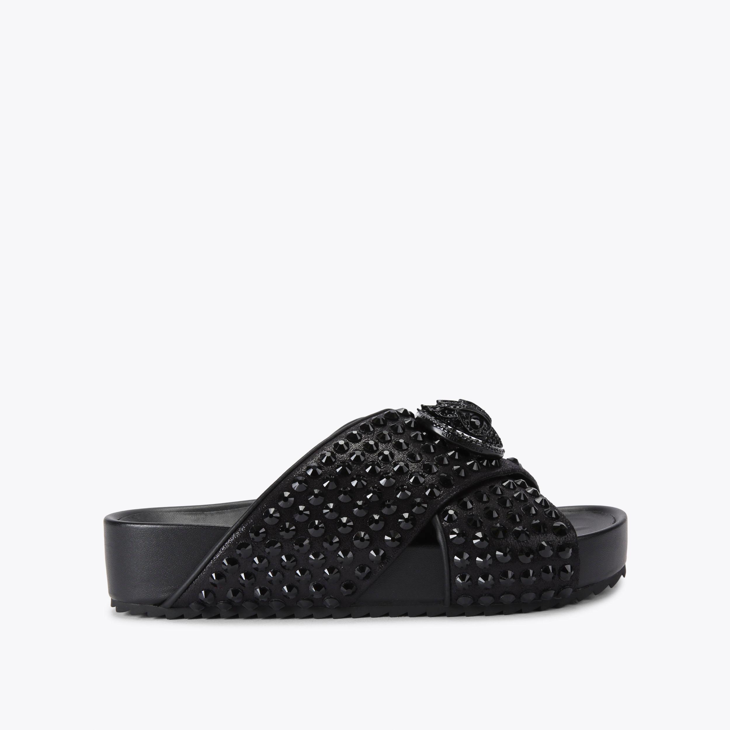 CHELSEA CROSS STRAP DR Black Crystal Slip On Sandals by KURT