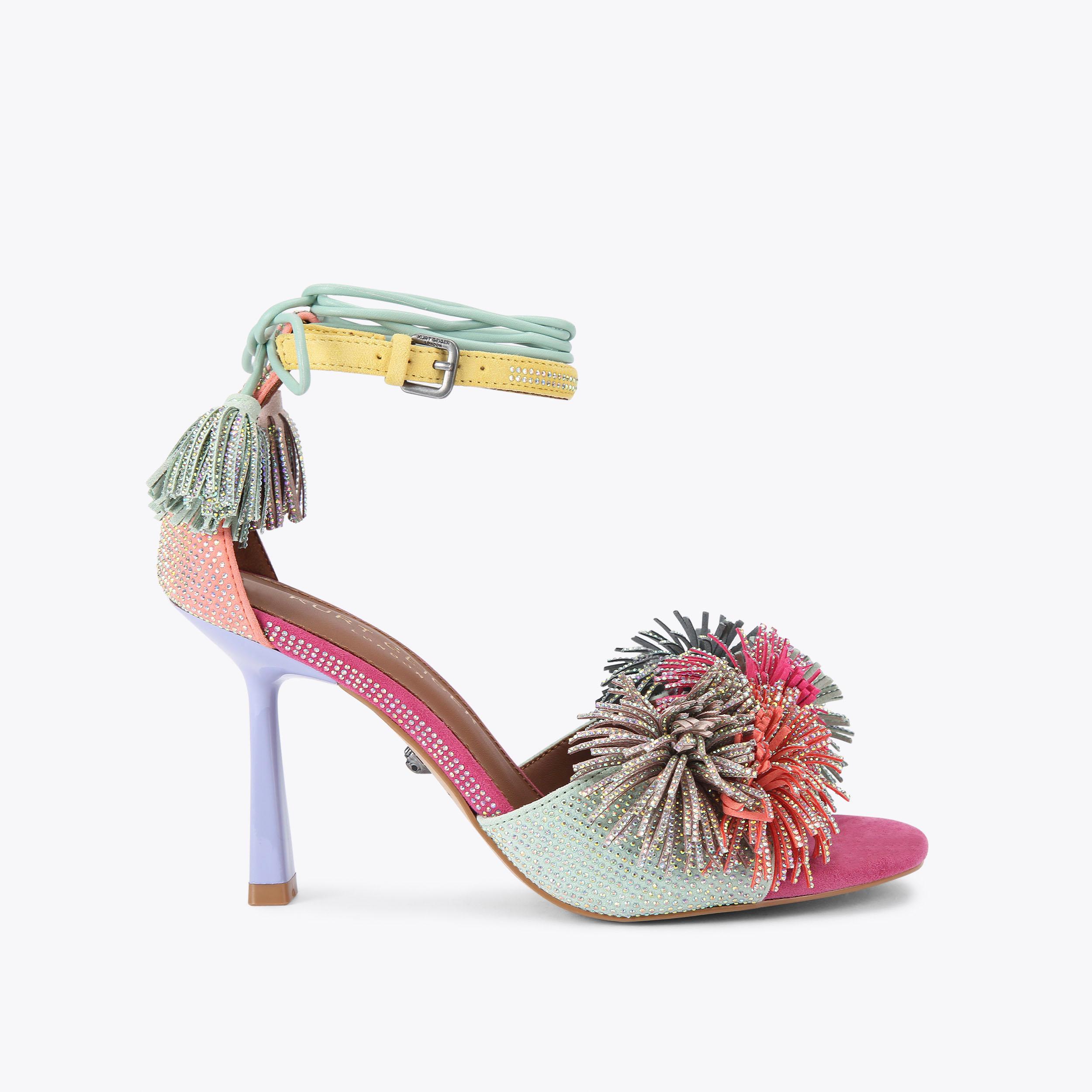 Pom Pom Tie Ankle Heel - multi-colored