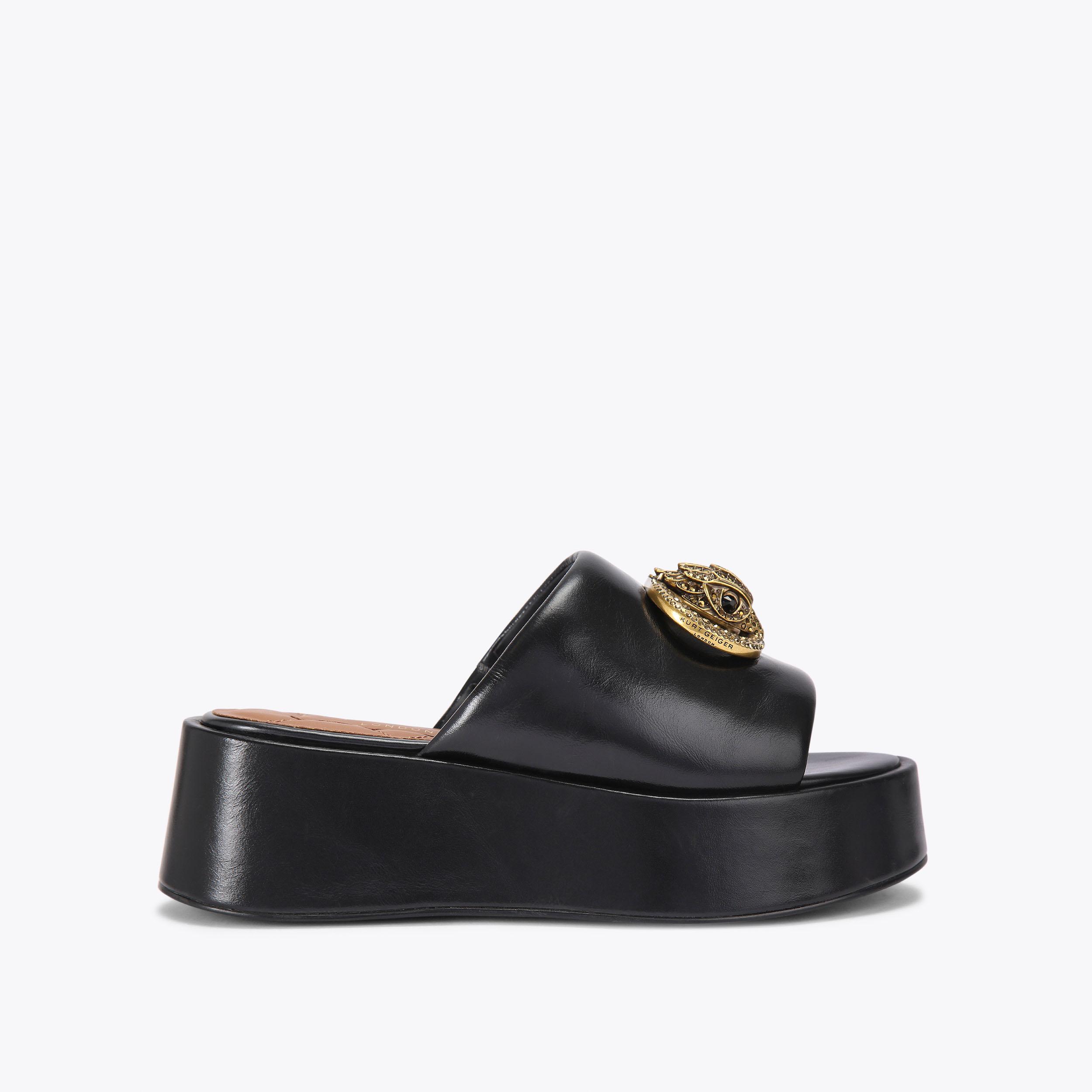CHELSEA FLATFORM MULE Black Leather Slip On Mule by KURT GEIGER LONDON