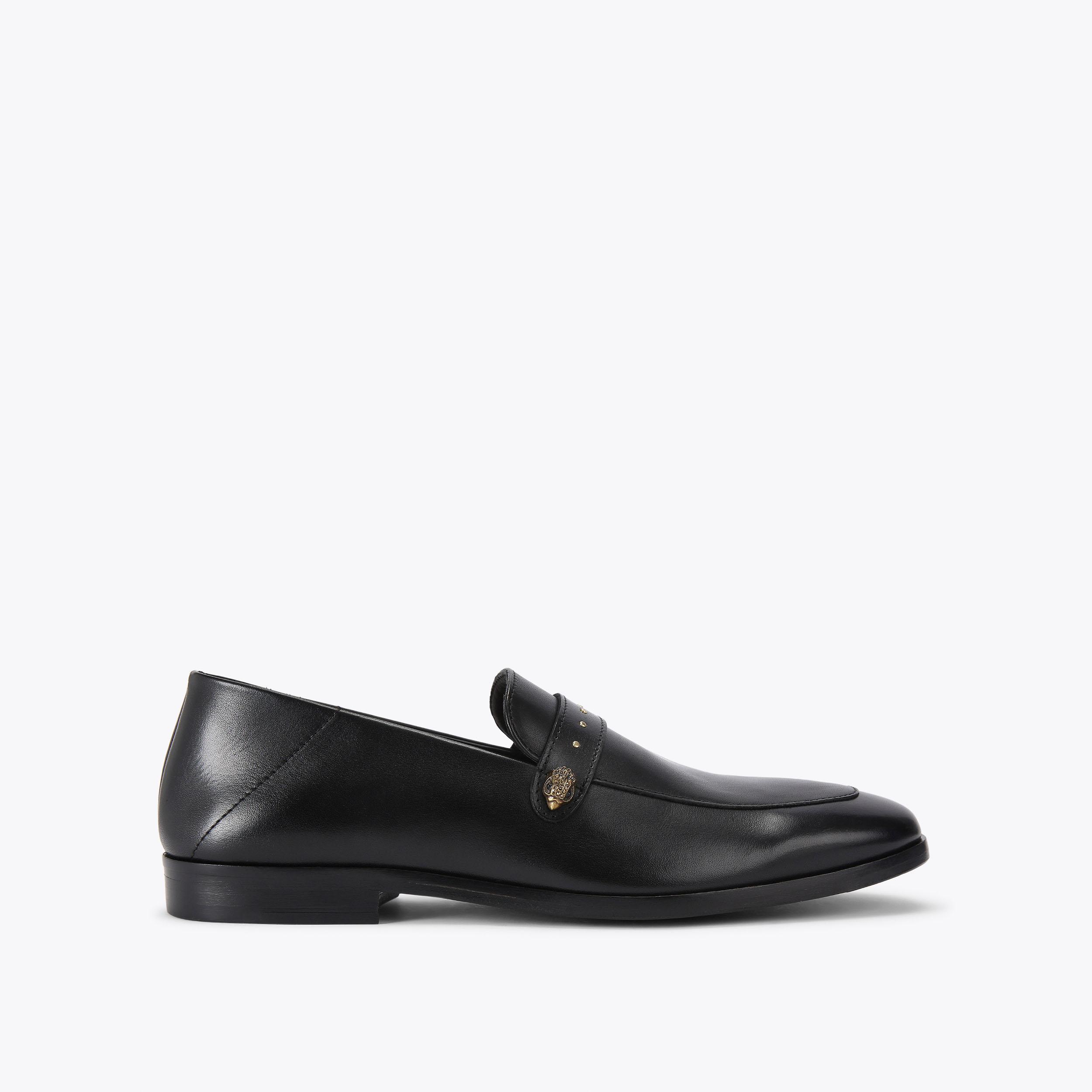 HUGH EAGLE HEAD Black Velvet Eagle Embellished Loafers by HUGH EAGLE HEAD Black Velvet Eagle Embellished Loafers by