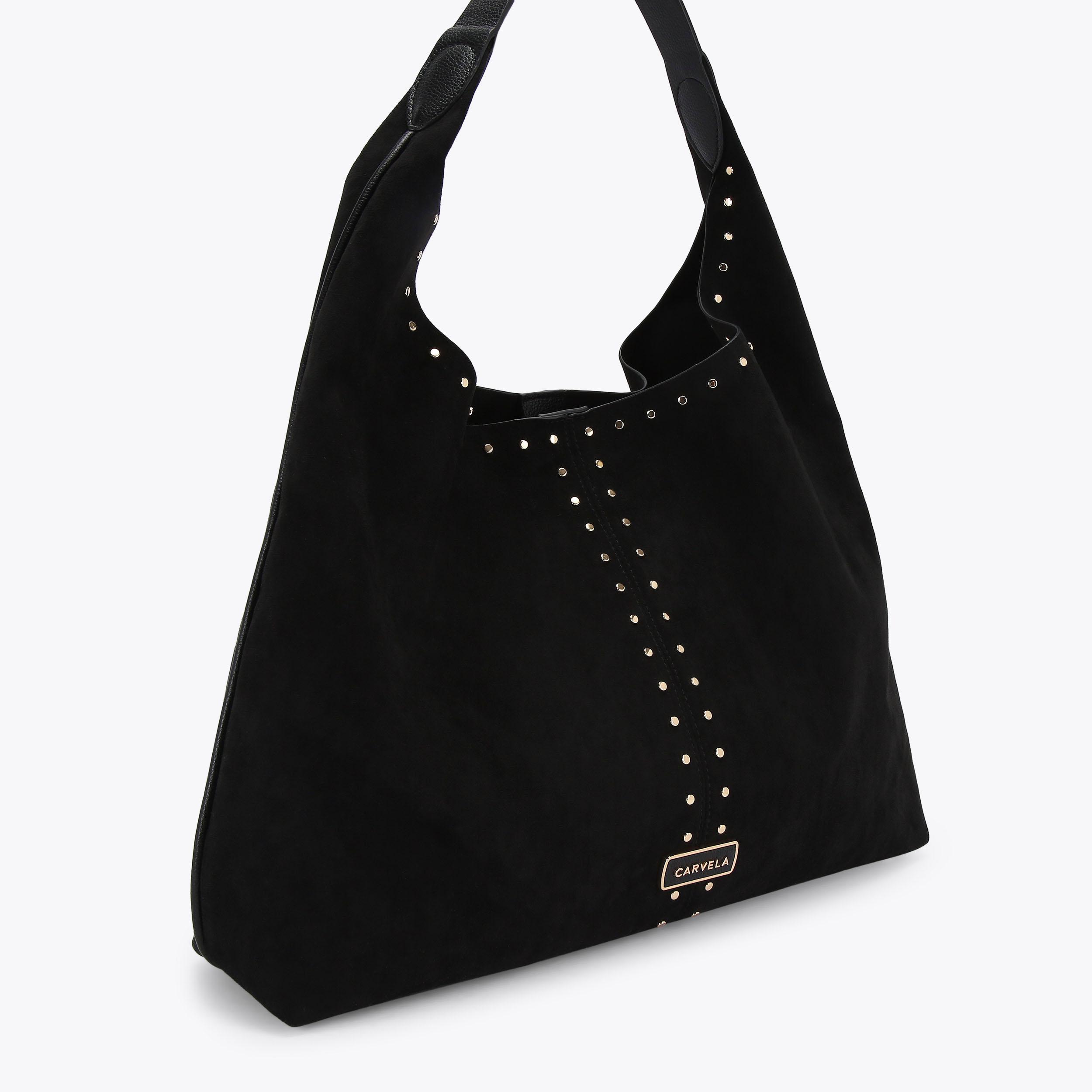 CINZIA STUDDED SHOULDER Black Microsuede Shoulder Bag by CARVELA