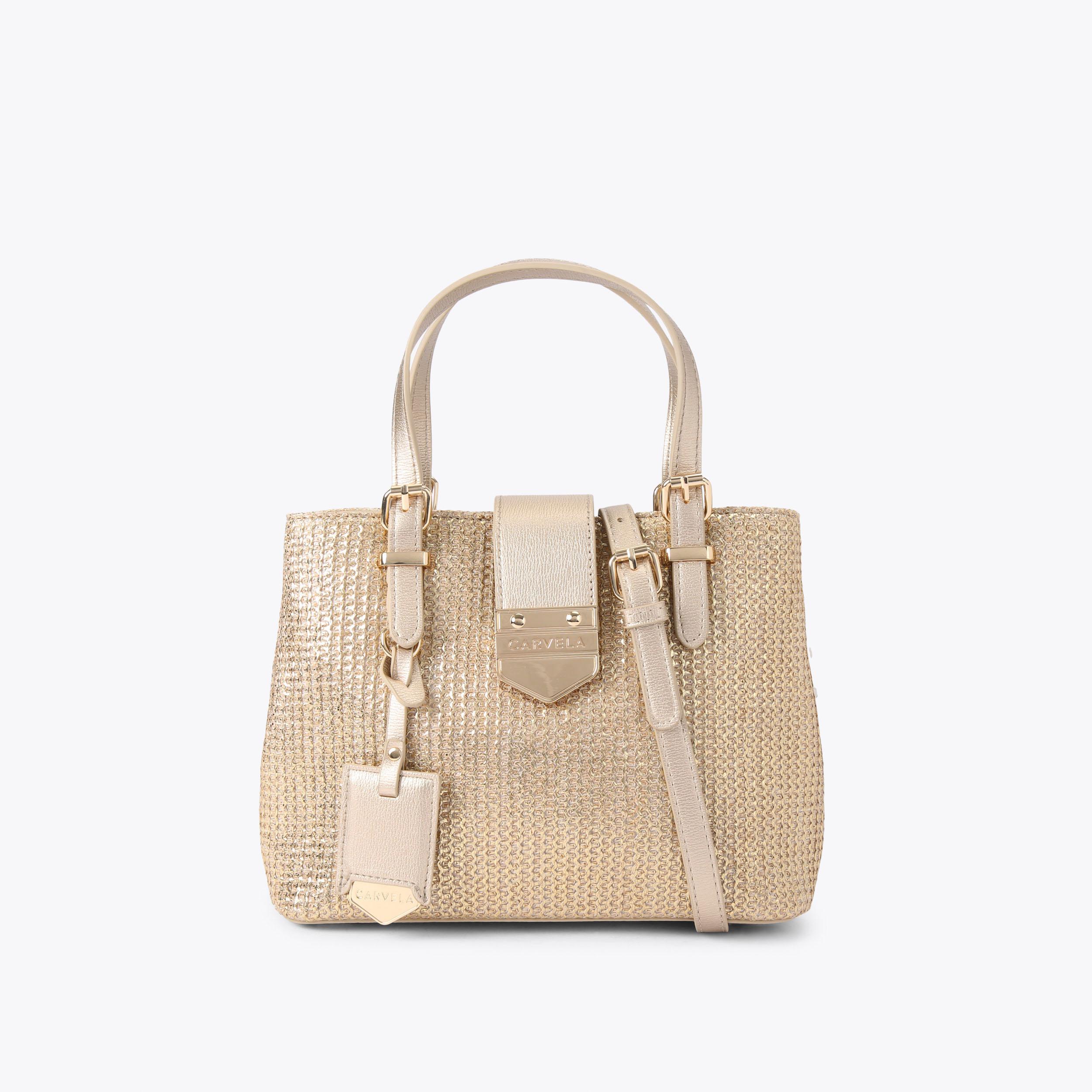 MARIA MINI TOTE Metallic Gold Woven Tote Bag by CARVELA