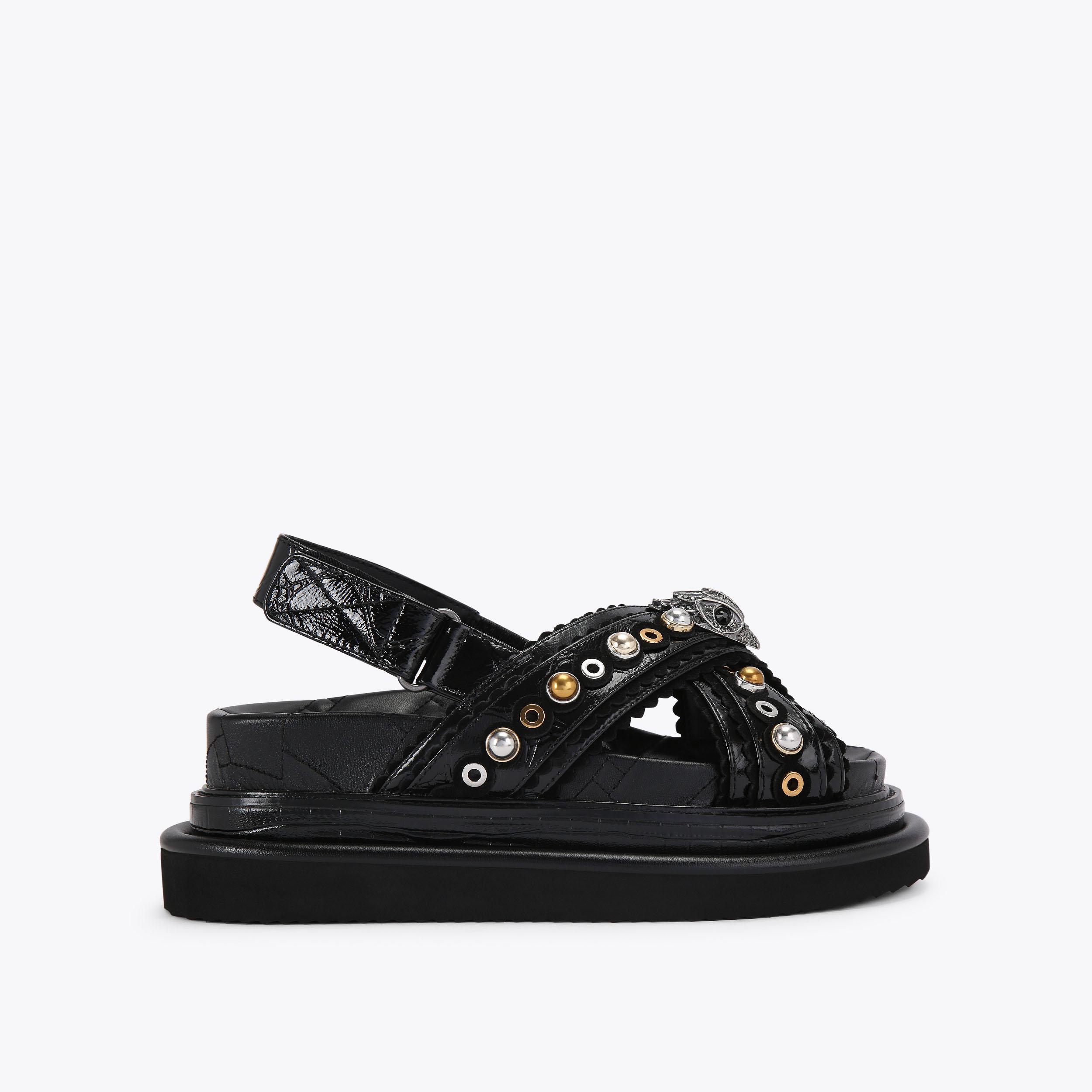 CHELSEA CROSS STRAP DR Black Crystal Slip On Sandals by KURT