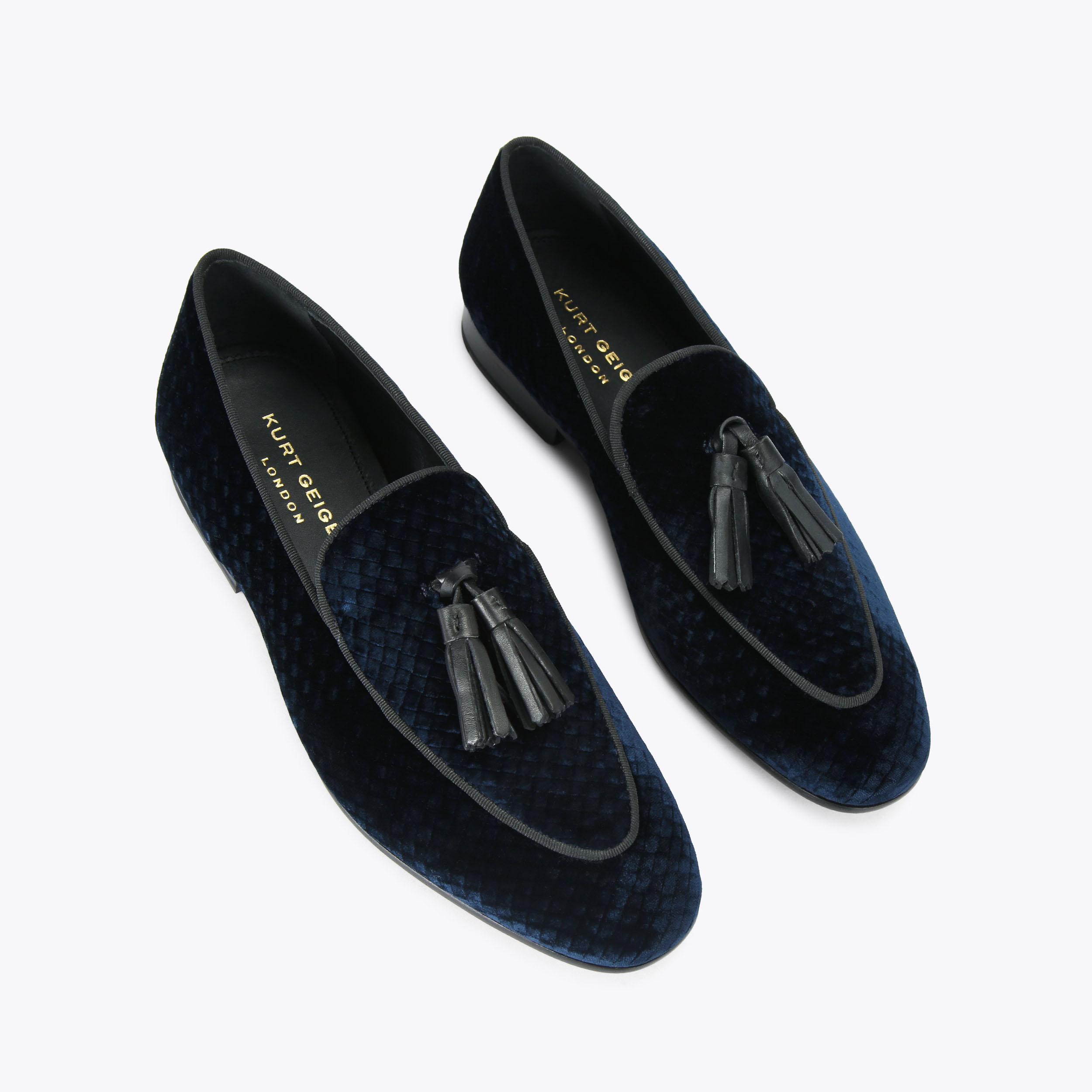 Kurt Geiger London Milbank Navy Tasseled Loafers ACE EMBY Navy Velvet Slip On Loafer by KURT GEIGER LONDON main image 2