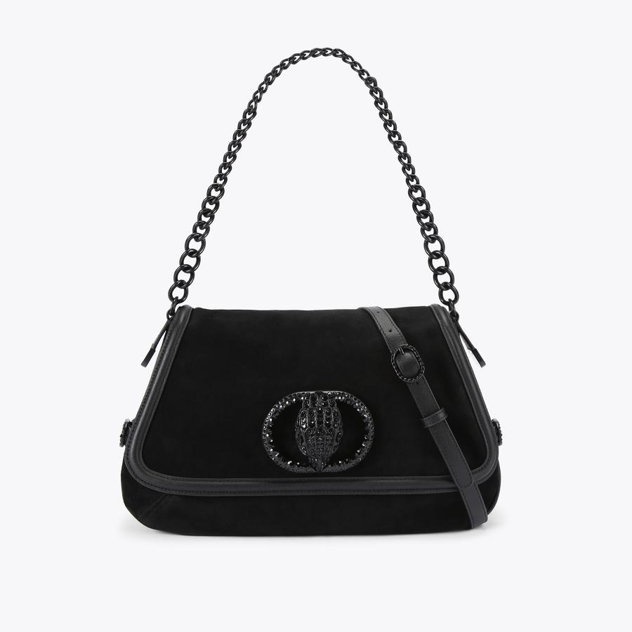 CHELSEA LG SOFT SADDLE DR Black Suede Shoulder Bag by KURT GEIGER