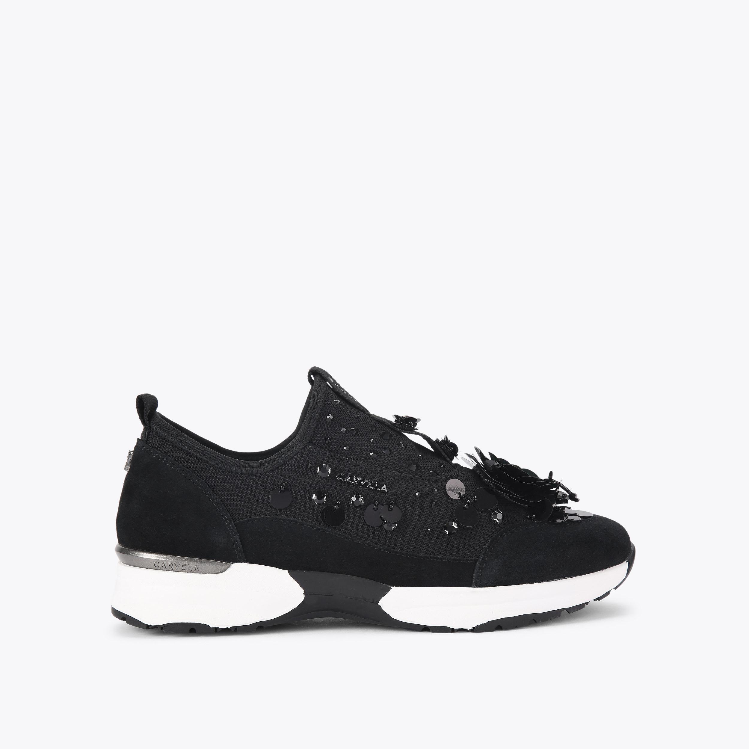 TEMPO FLOWER Black Mesh Fabric Slip On Trainer by CARVELA