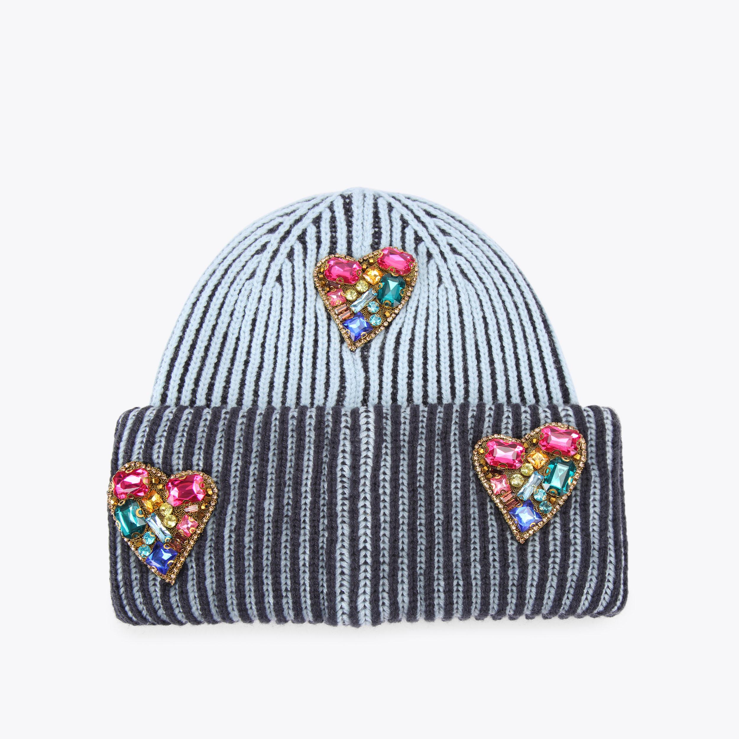 HEART GEM BEANIE Blue Knitted Roll Up Hat by KURT GEIGER LONDON