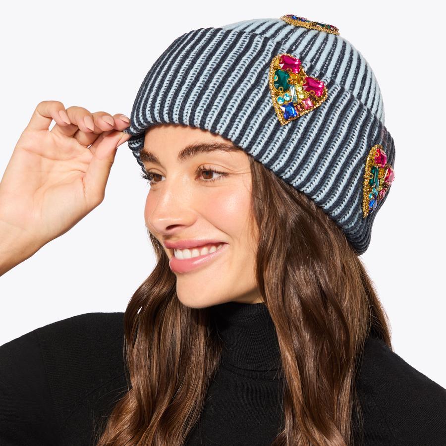 HEART GEM BEANIE Blue Knitted Roll Up Hat by KURT GEIGER LONDON