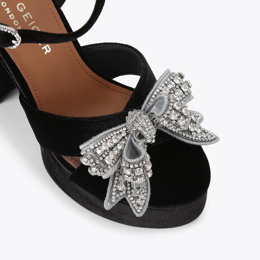BOW PLATFORM SANDAL Black Velvet Platform Heel by KURT GEIGER LONDON