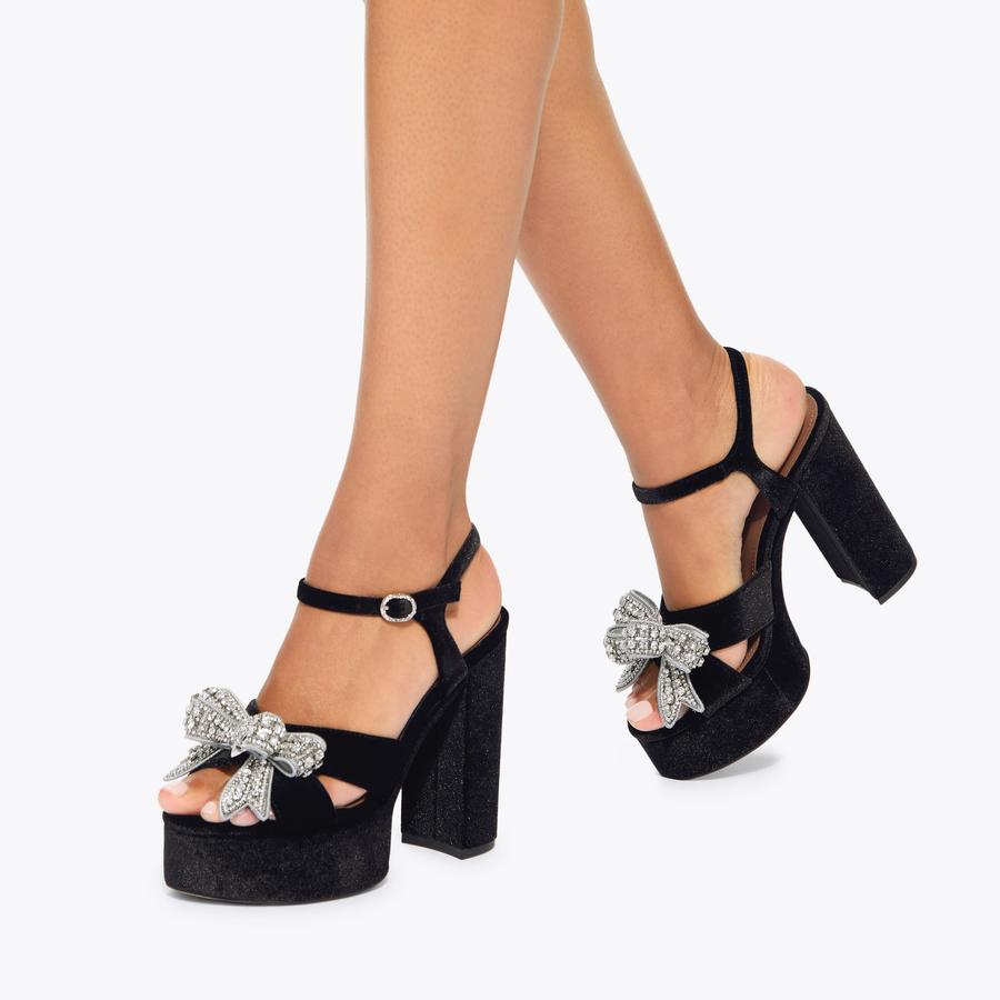 靴 BOW PLATFORM SANDALS BOW PLATFORM SANDAL Black Velvet Platform Heel by KURT