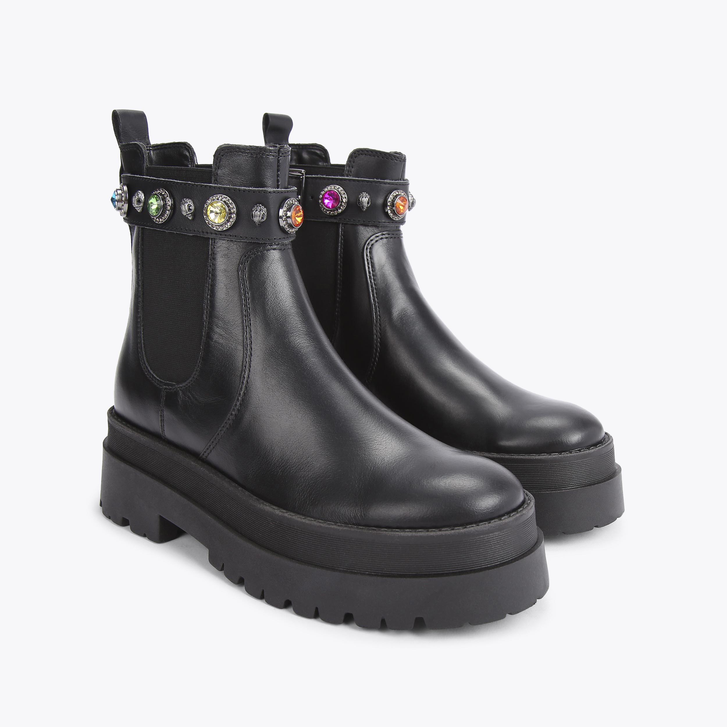 SAWYER CHELSEA Black Leather Rainbow Crystal Chunky Boots by KURT GEIGER LONDON