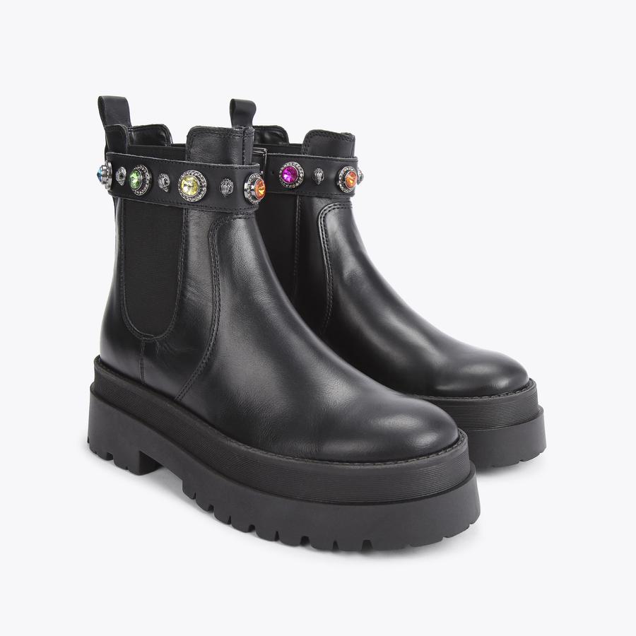 SAWYER CHELSEA Black Leather Rainbow Crystal Chunky Boots by KURT GEIGER LONDON