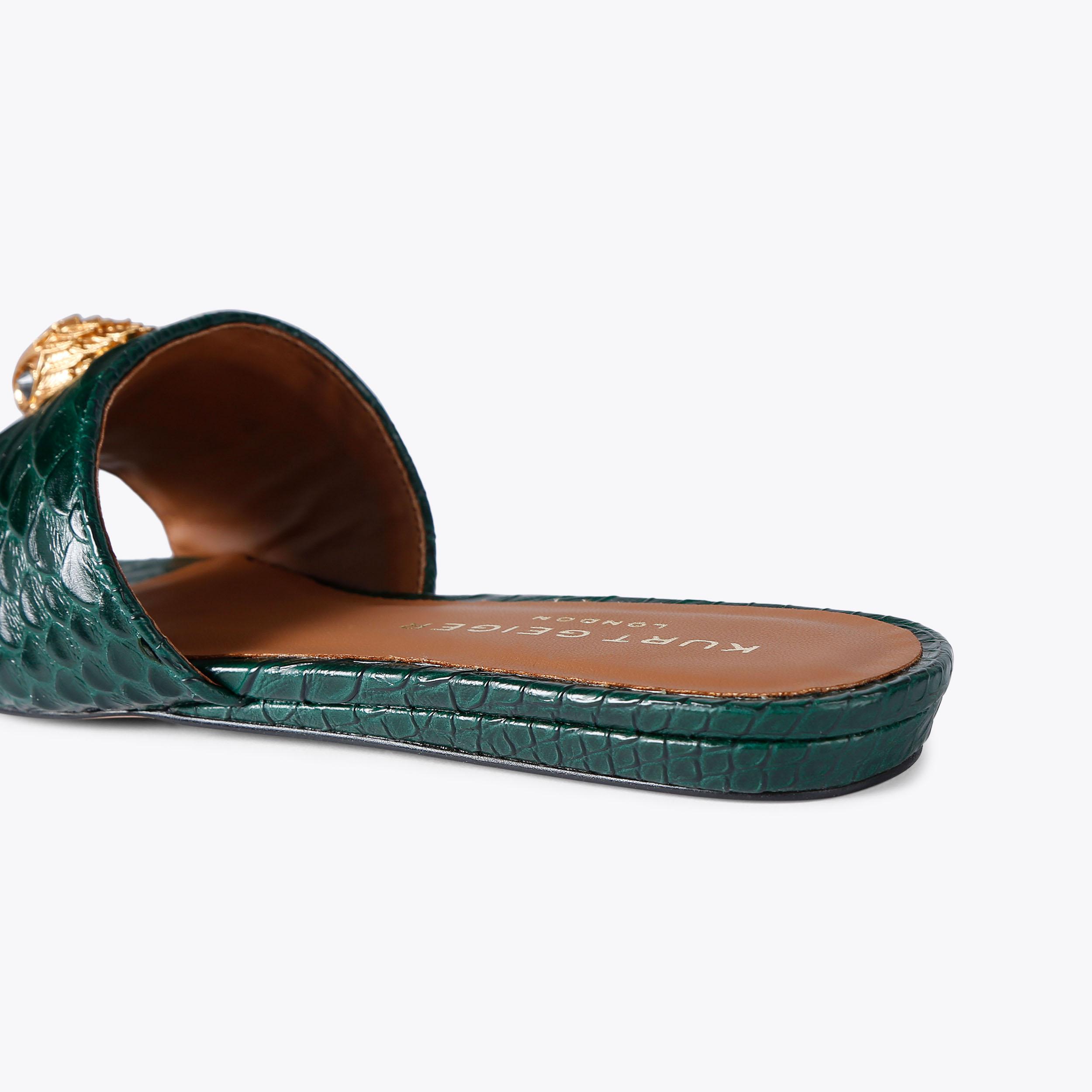 KENSINGTON FLAT SANDAL Dark Green Leather Slip On Sandals by KURT