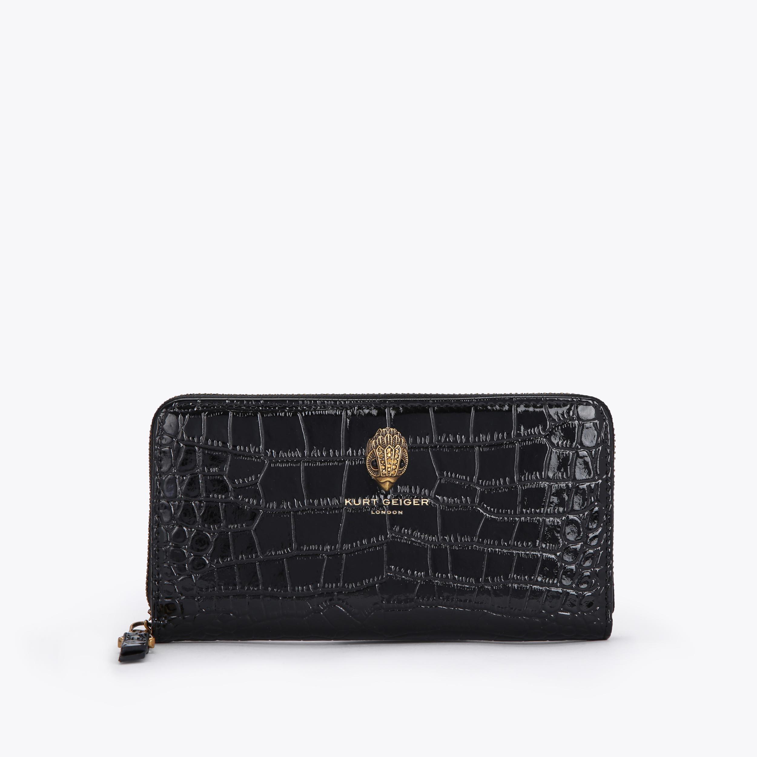 ZIP AROUND WALLET Black Croc Embossed Leather Zip Around