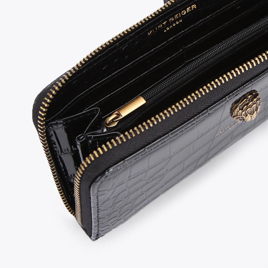 ZIP AROUND WALLET Black Croc Embossed Leather Zip Around Wallet by