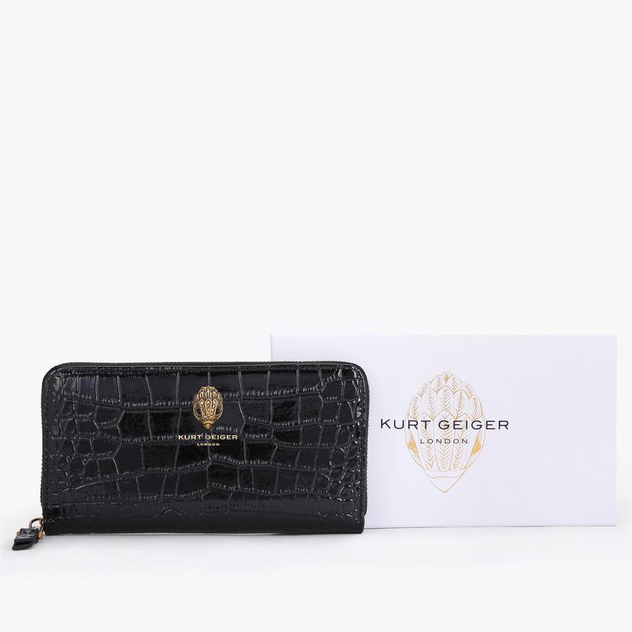 ZIP AROUND WALLET Black Croc Embossed Leather Zip Around Wallet by