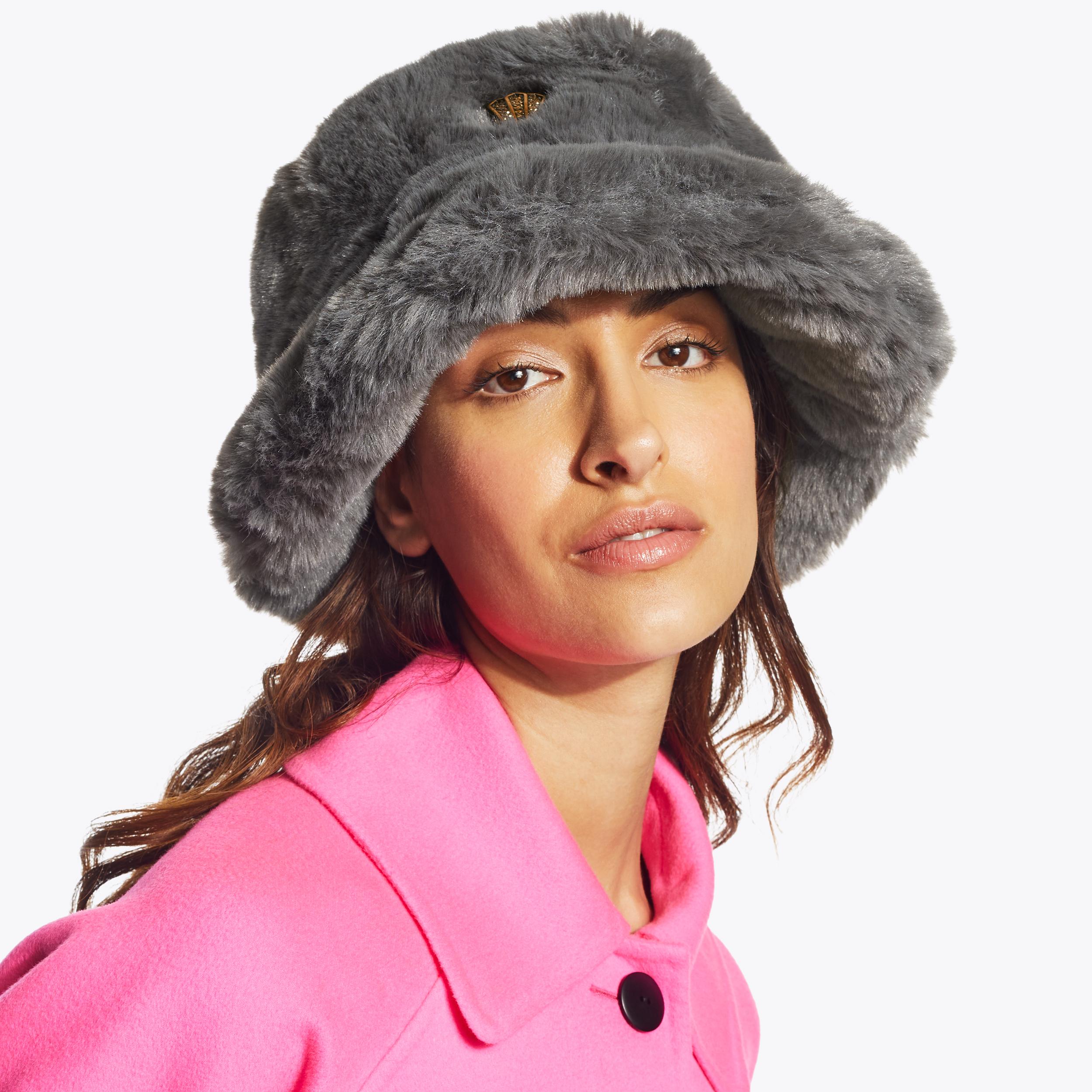 POPPY BUCKET HAT Grey Faux Fur Bucket Ha by KURT GEIGER LONDON
