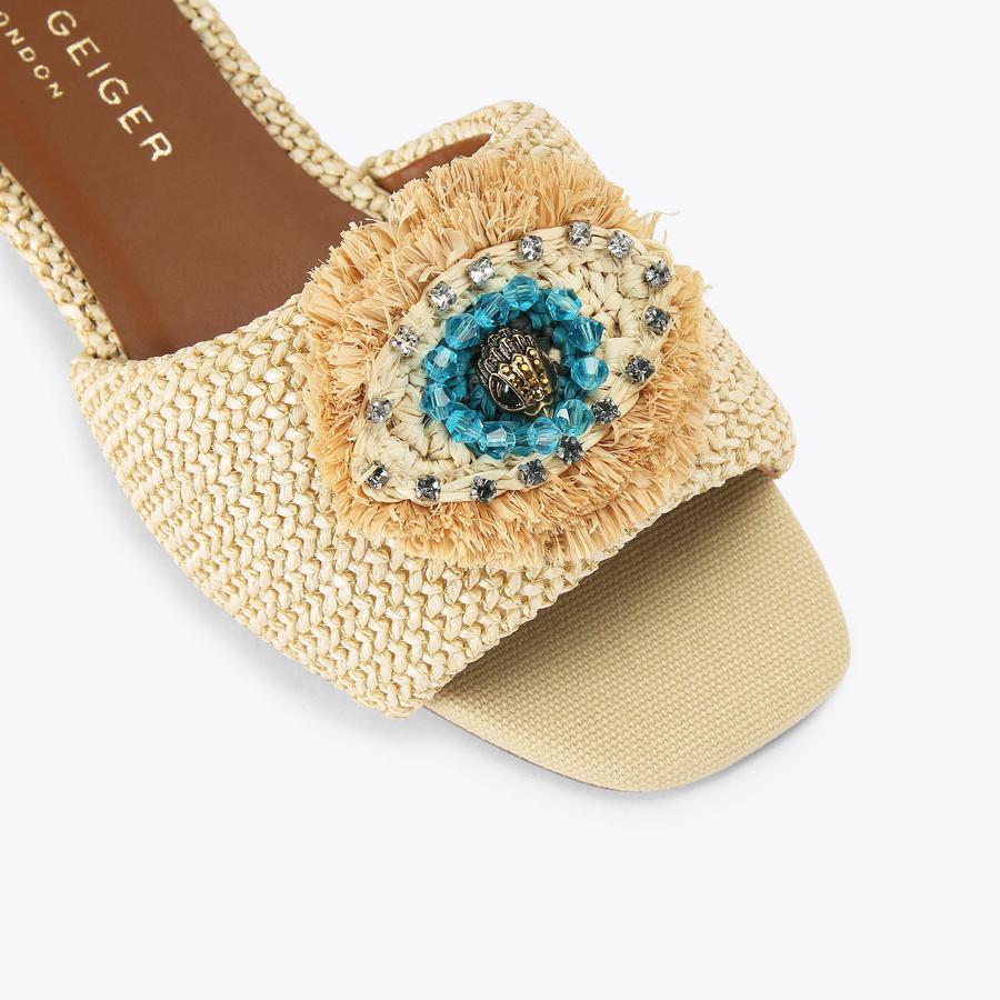 EYE FLAT SANDAL Beige Raffia Slip On Sandals by KURT GEIGER LONDON